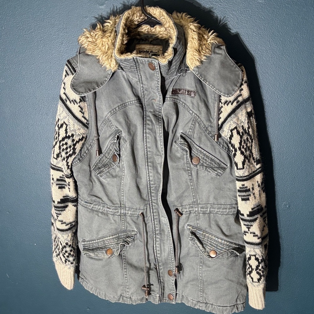 Triple Five Soul Women’s Madhup  Utility Jacket w/ Knit Sleeves Faux Fur Lining
